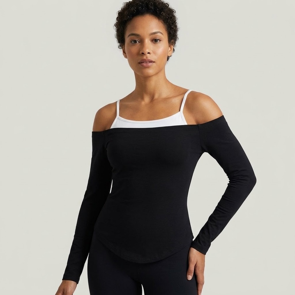 Off Shoulder Top Women Small Black NWT Layered Long Sleeve Cotton Y2K Party Chic
